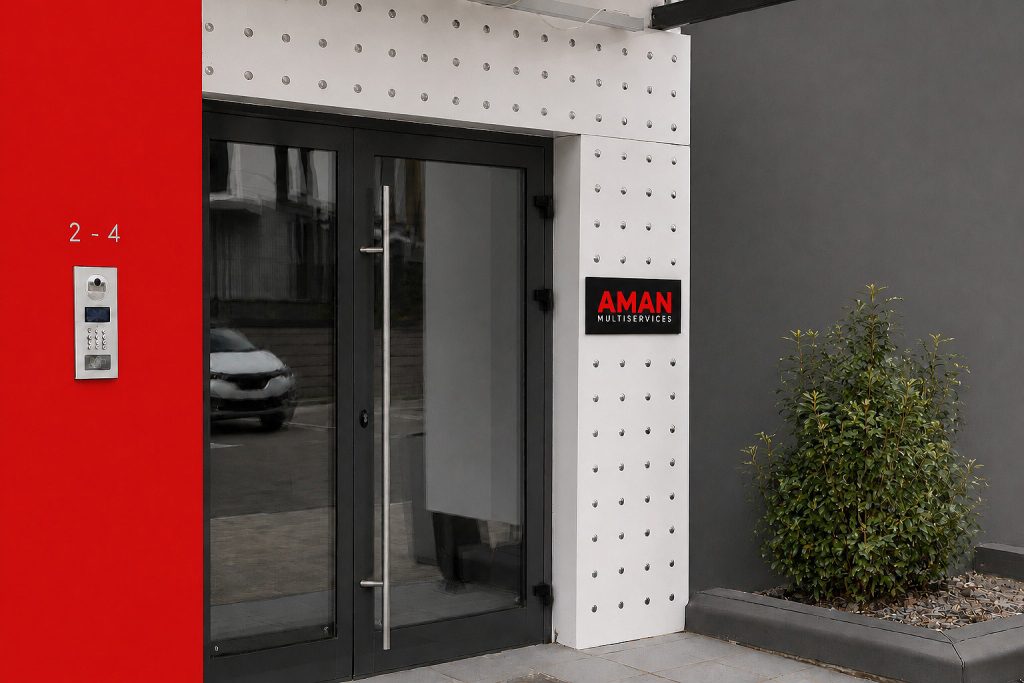 Eingang zum Firmengebäude von AMAN Multiservices